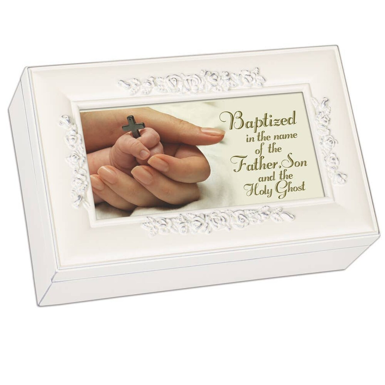 Edge Collection - 6" x 4" x 2.5" - White - Musical Jewelry Box with Embossed Rosette Design - 1 Piece